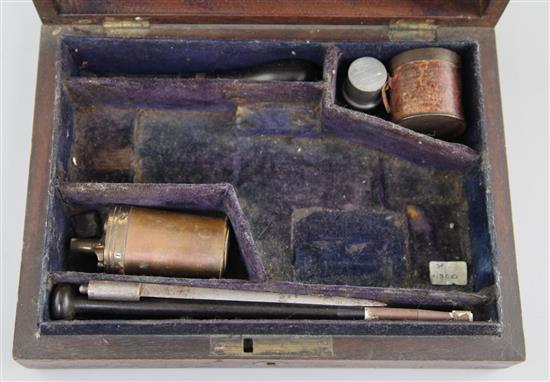 A cased percussion pepperbox six barrelled revolver, 7.75in.